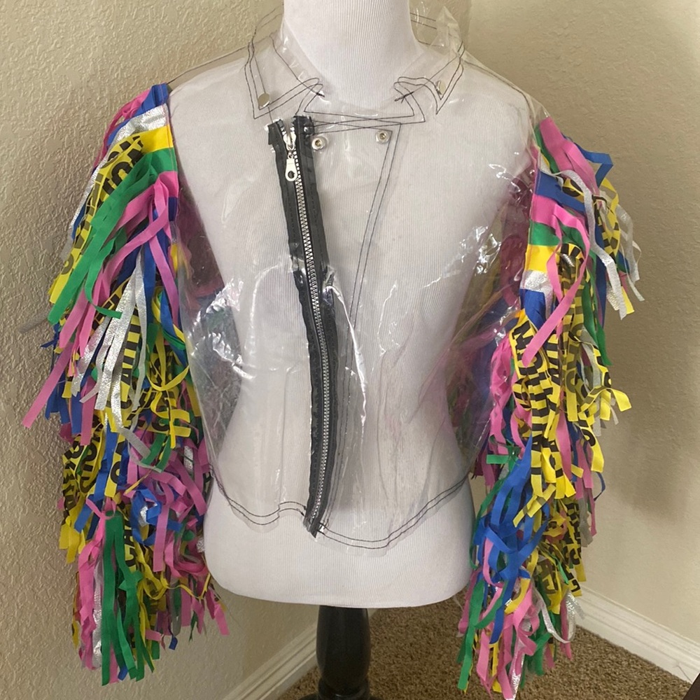Clear PVC Bomber Jacket with Multicolor Fringe Sleeves